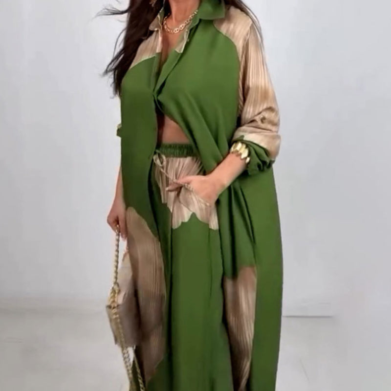 🌼Ilgi marškiniai su susuktomis sagomis ir raišteliu kelnių komplektas-LT