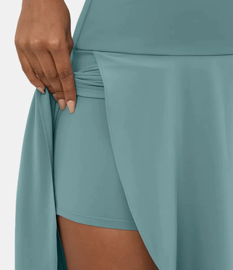 Φούστα 2 σε 1, Γρήγορο Στέγνωμα, Casual, Μίντι με Ψηλή Μέση και Χαμηλό Βολάν-GR