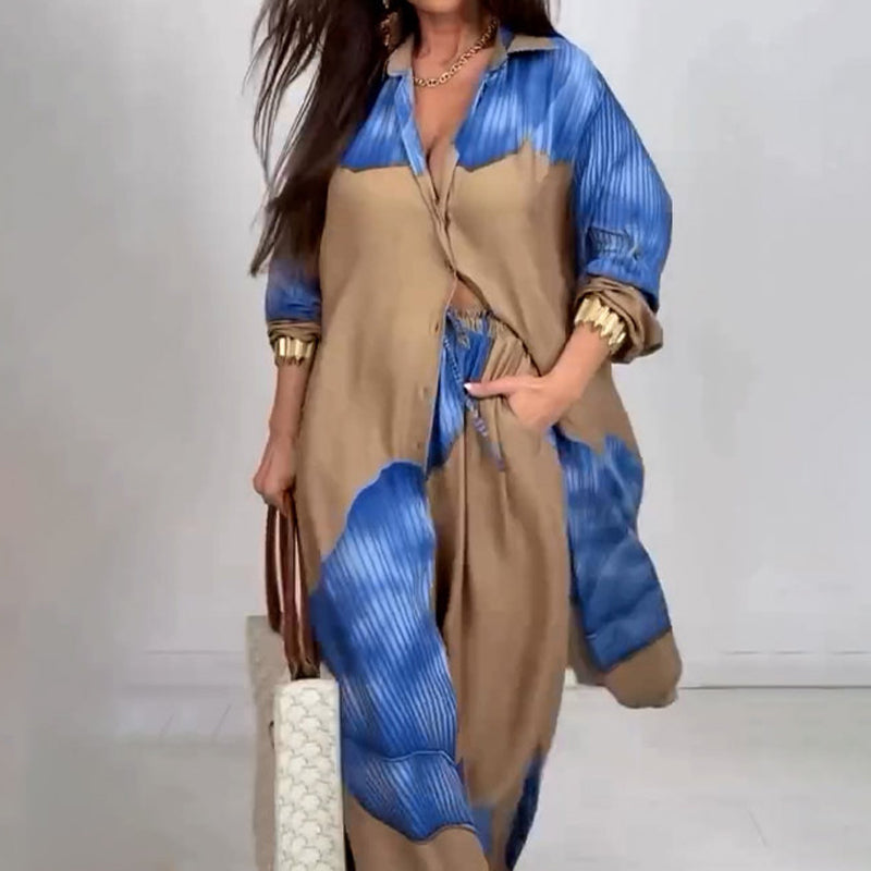 🌼Ilgi marškiniai su susuktomis sagomis ir raišteliu kelnių komplektas-LT