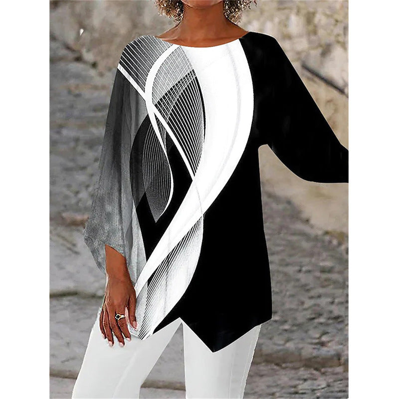 [S-5XL] Nauji 2025 m. spausdinti marškiniai apvalia iškirpte ilgomis rankovėmis-LT