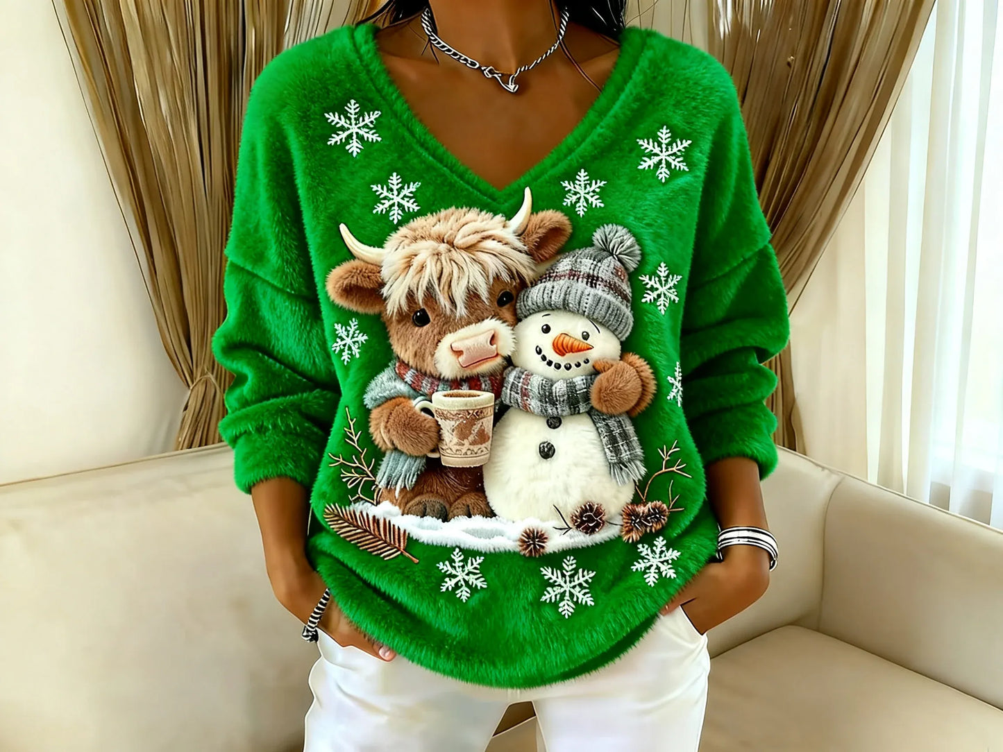 🔥Τελευταία μέρα έκπτωσης 49%🔥Γυναικεία μπλούζα με V λαιμόκοψη και τύπωμα αγελάδας Σκωτσέζου Yeti-GR