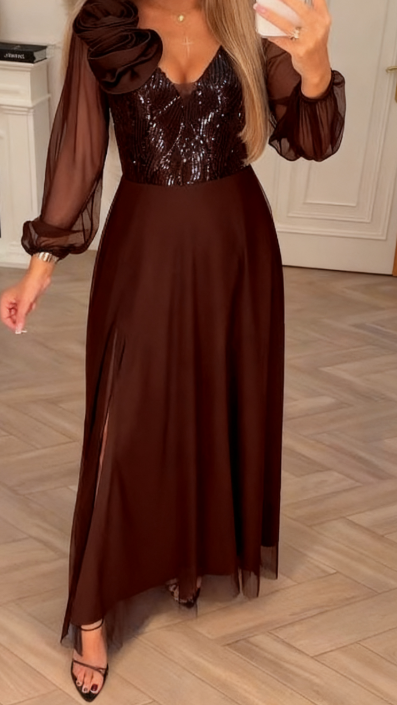 Φόρεμα με δαντελένια μανίκια, παγιέτες και φλοράλ διακοσμήσεις.-GR