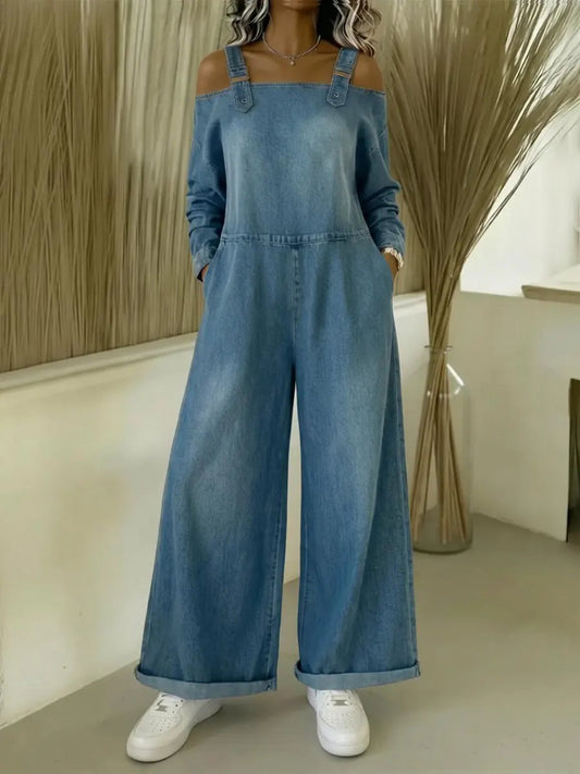 Modni ženski jeans kombinezon z golimi rameni-SI