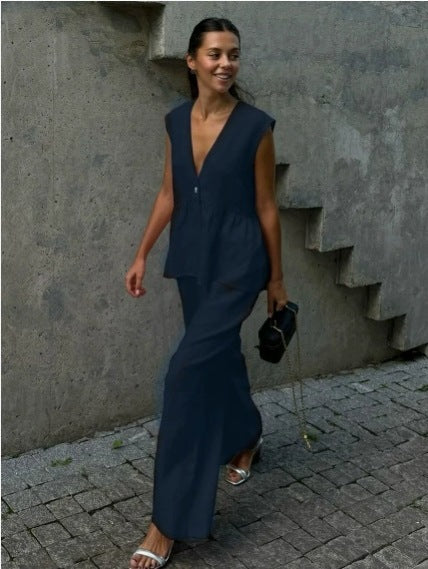 Ženski dvodelni komplet iz masivnega bombaža, V-izrez, brez rokavov, bluza in hlače-SI