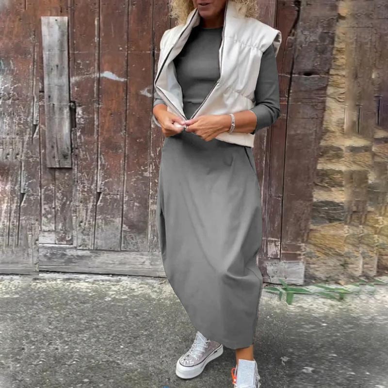 Απλό κομψό φόρεμα για γυναίκες με τσέπες-GR