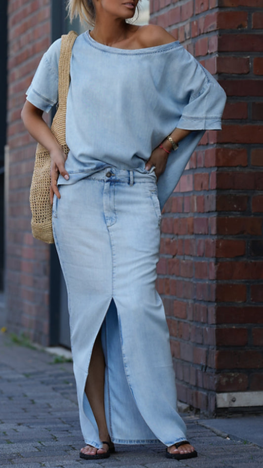 Γυναικείο Casual Κοστούμι με Στρογγυλή Λαιμόκοψη σε Χρώμα Tencel Denim-GR