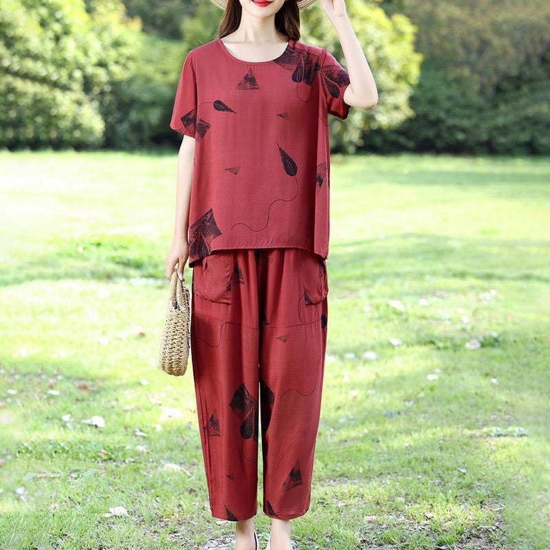 💞 Γυναικείο σετ με κοντομάνικο τοπ με σχέδιο και κοντό παντελόνι με φαρδιά μπατζάκια-GR