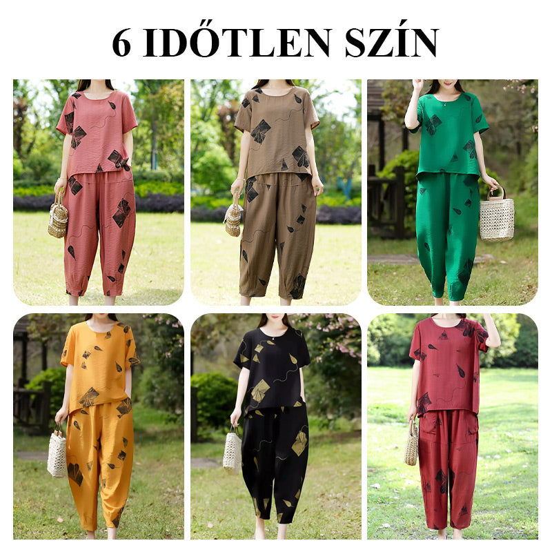 💞 Moteriškas raštuotas trumpų rankovių viršutinis komplektas ir plačios trumpintos kelnės-LT