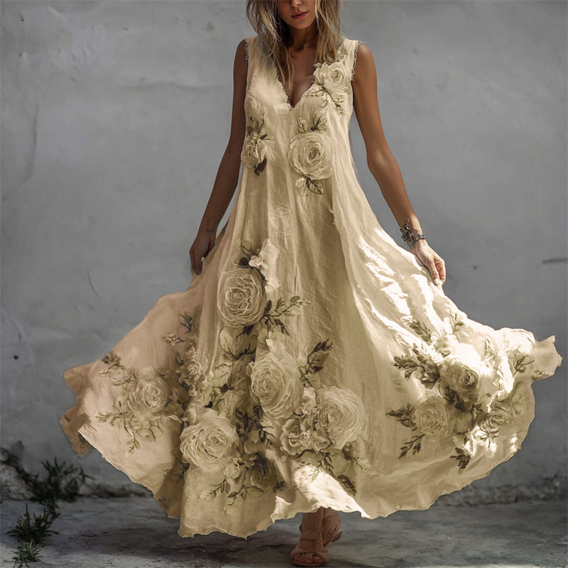 Vintage Φόρεμα Μάξι από Λινό με Σχέδιο Λευκού Τριαντάφυλλου-GR