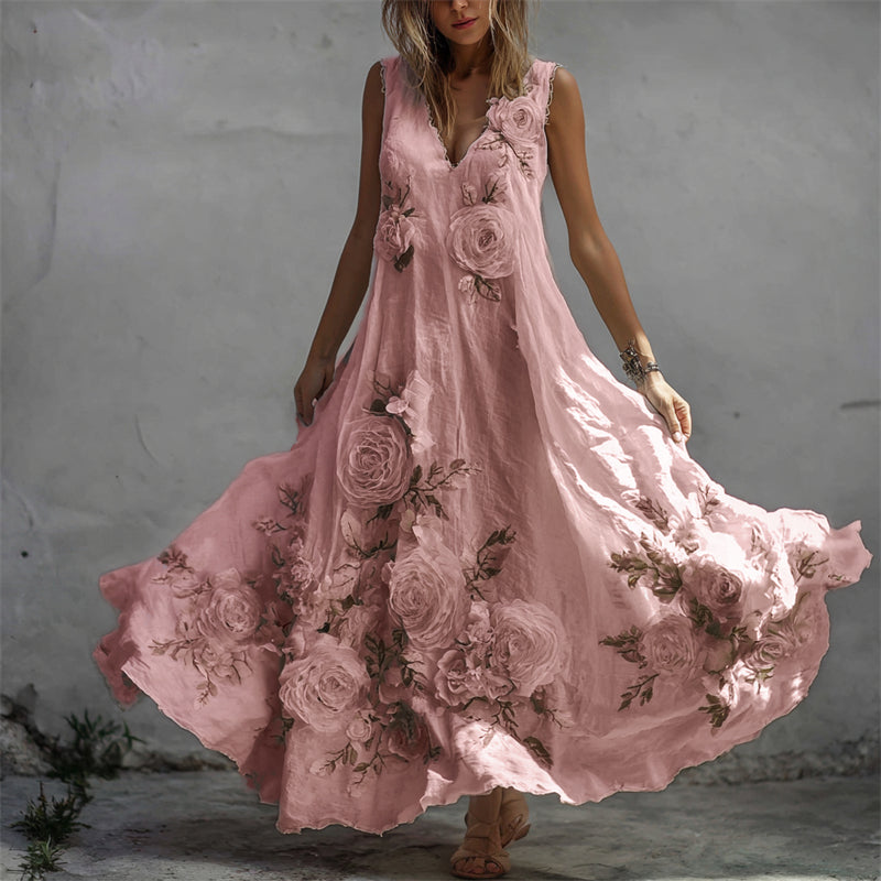 Vintage Φόρεμα Μάξι από Λινό με Σχέδιο Λευκού Τριαντάφυλλου-GR