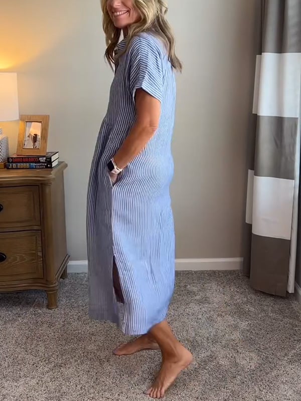 Ριγέ φόρεμα-πουκάμισο με πέτα που κλείνουν με κουμπιά | Με λειτουργικές τσέπες-GR