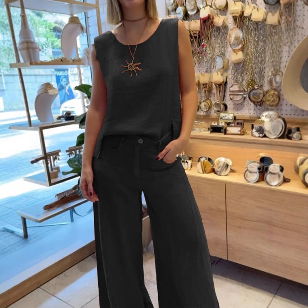 Σετ αμάνικο παντελόνι από μονόχρωμο βαμβάκι και λινό-GR