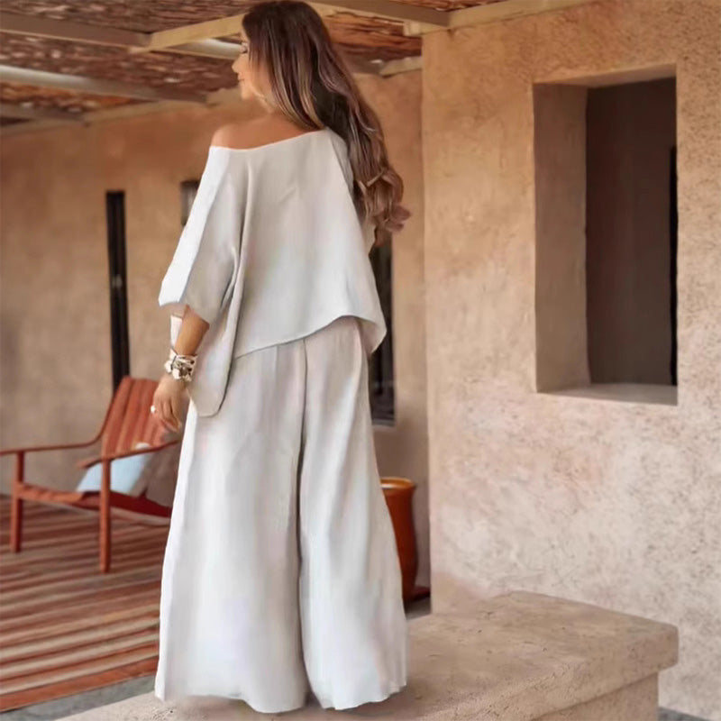 ⏳Laikinas specialus pasiūlymas💕 Moteriškas dviejų dalių komplektas su pečius atidengiančia palaidine ir plačiomis kelnėmis-LT