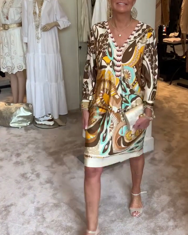 Φόρεμα με V-λαιμόκοψη και Vintage Στάμπα-GR