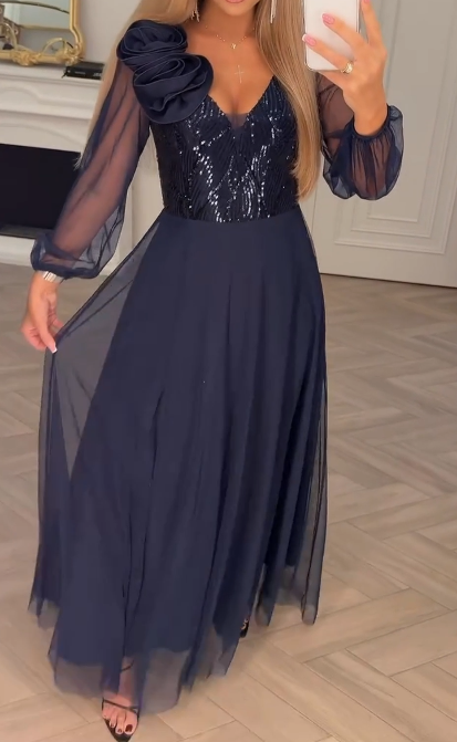 Φόρεμα με δαντελένια μανίκια, παγιέτες και φλοράλ διακοσμήσεις.-GR