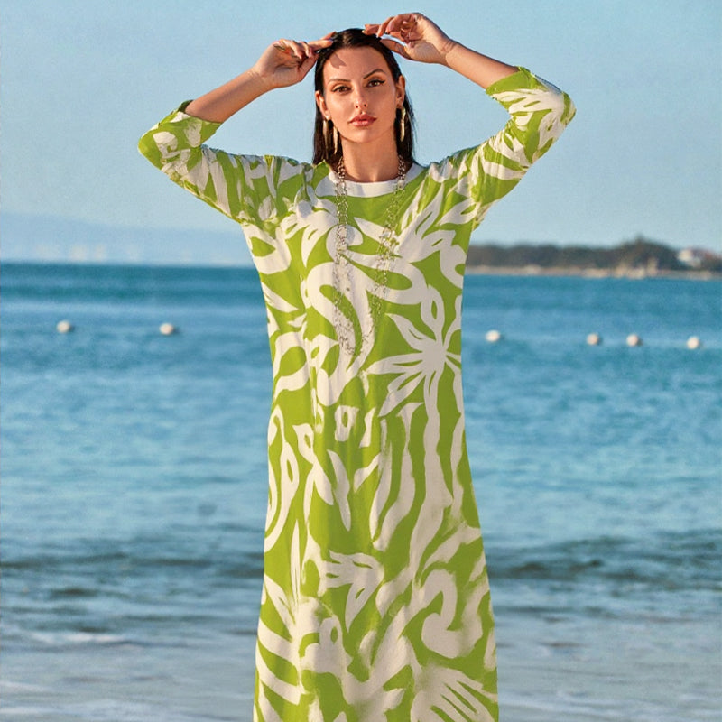 🌼Elegantiška, laisva, apvaliu kaklu, raštuota moteriška suknelė-LT