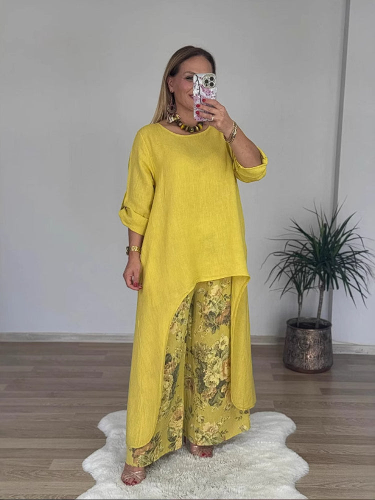 Σετ ακανόνιστου τοπ και φαρδιού παντελονιού σε χρώμα βαμβακιού και λινού-GR