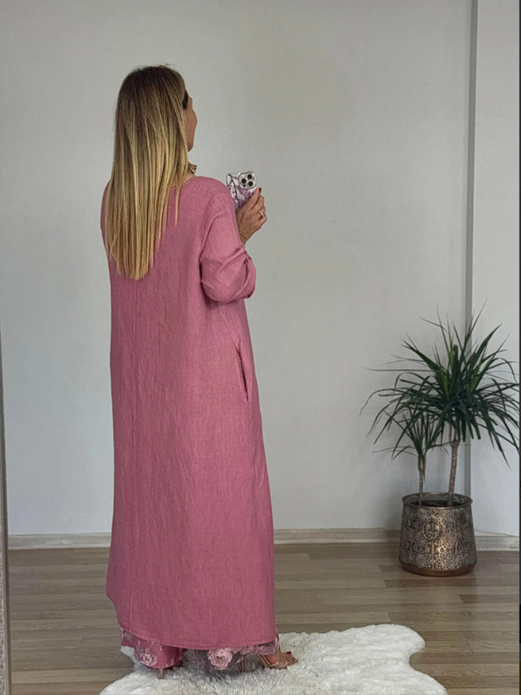 Σετ ακανόνιστου τοπ και φαρδιού παντελονιού σε χρώμα βαμβακιού και λινού-GR