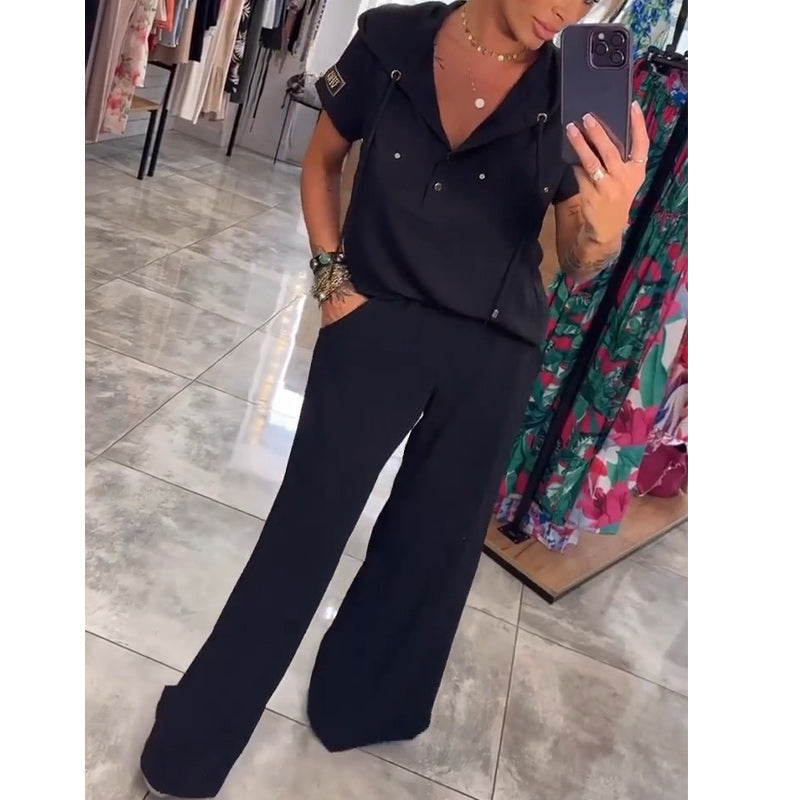 Μπλούζα με κουκούλα και V ντεκολτέ, κοντομάνικο, παντελόνι, σετ δύο τεμαχίων-GR