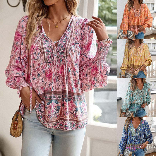 【S-2XL】🌺Moteriški madingi marškinėliai ilgomis rankovėmis spausdinti V formos iškirpte-LT