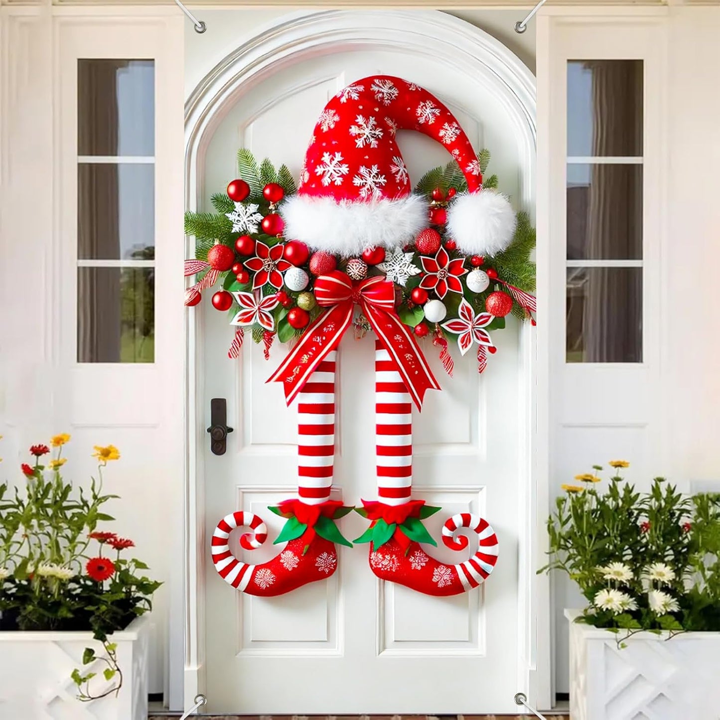 Χριστουγεννιάτικο πανό με πόδια ξωτικού στην πόρτα-GR