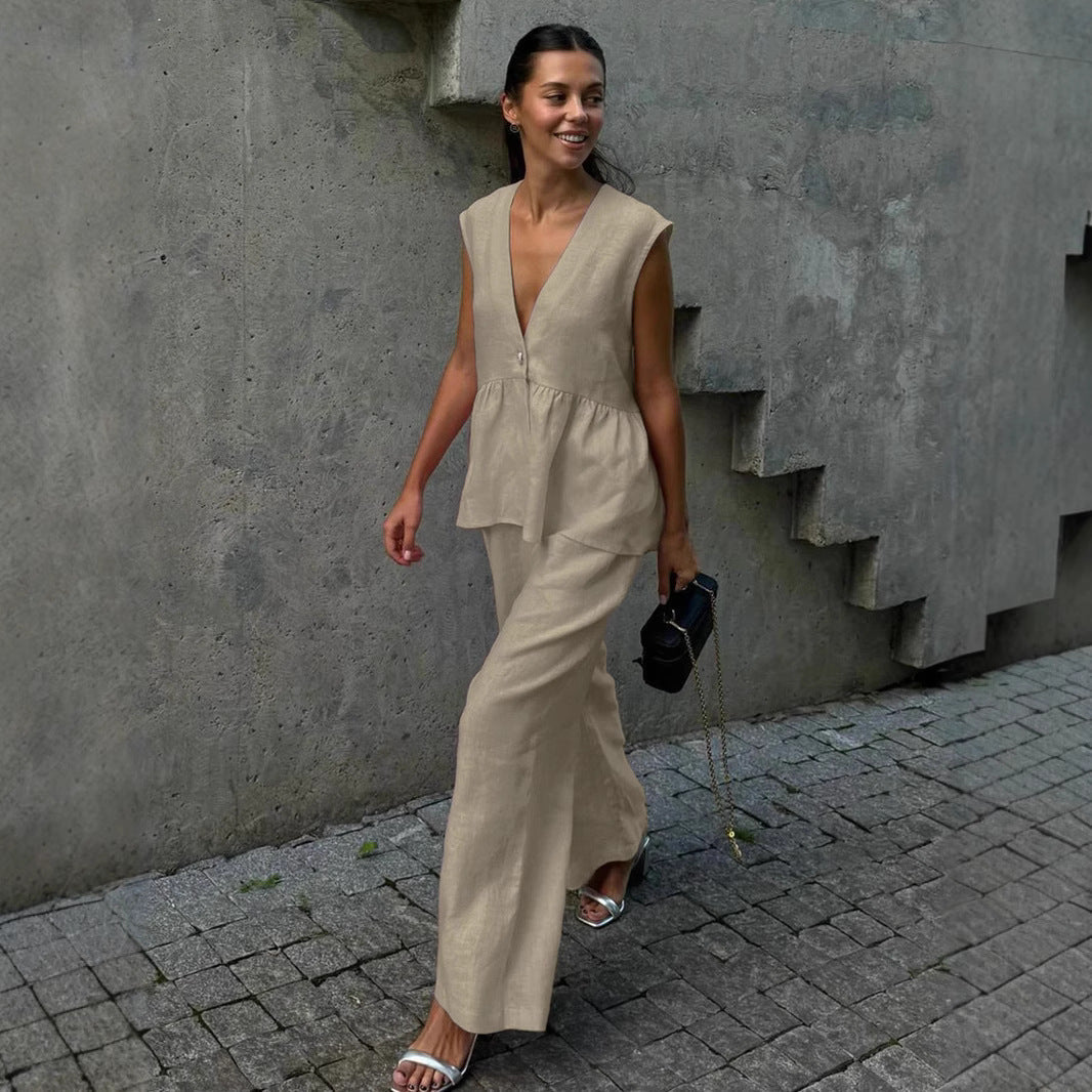 Ženski dvodelni komplet iz masivnega bombaža, V-izrez, brez rokavov, bluza in hlače-SI