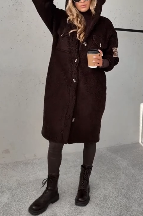 Γυναικείο ζεστό παλτό με κουκούλα και κουμπιά, πλεκτό και μακρυμάνικο γούνινο μπουφάν-GR