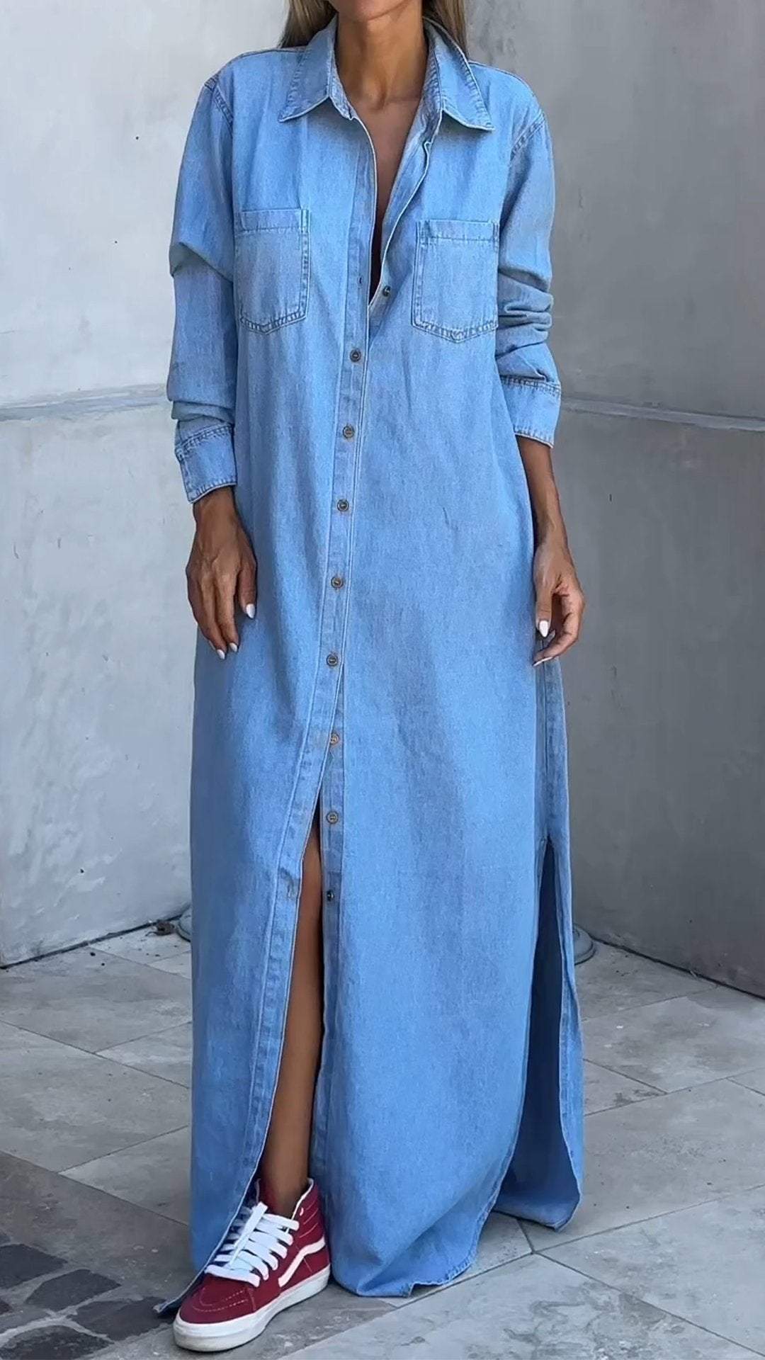 Denim obleka z dolgimi rokavi in reverji-SI