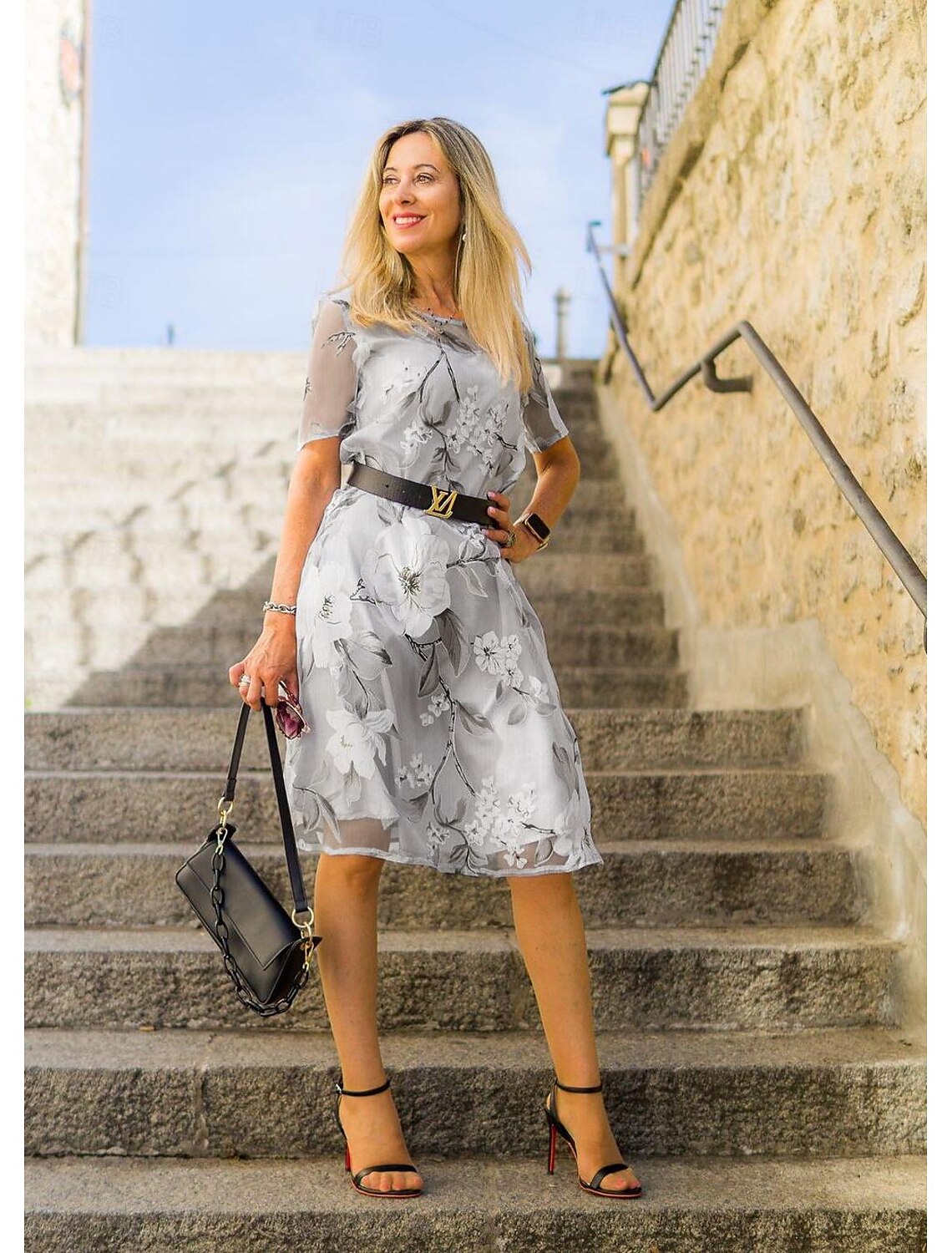 Μίντι φόρεμα με φλοράλ εμπριμέ διχτυωτό λαιμό-GR