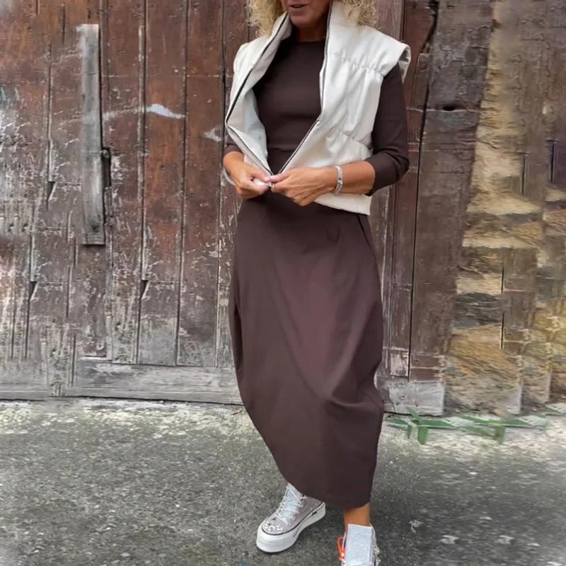 Απλό κομψό φόρεμα για γυναίκες με τσέπες-GR