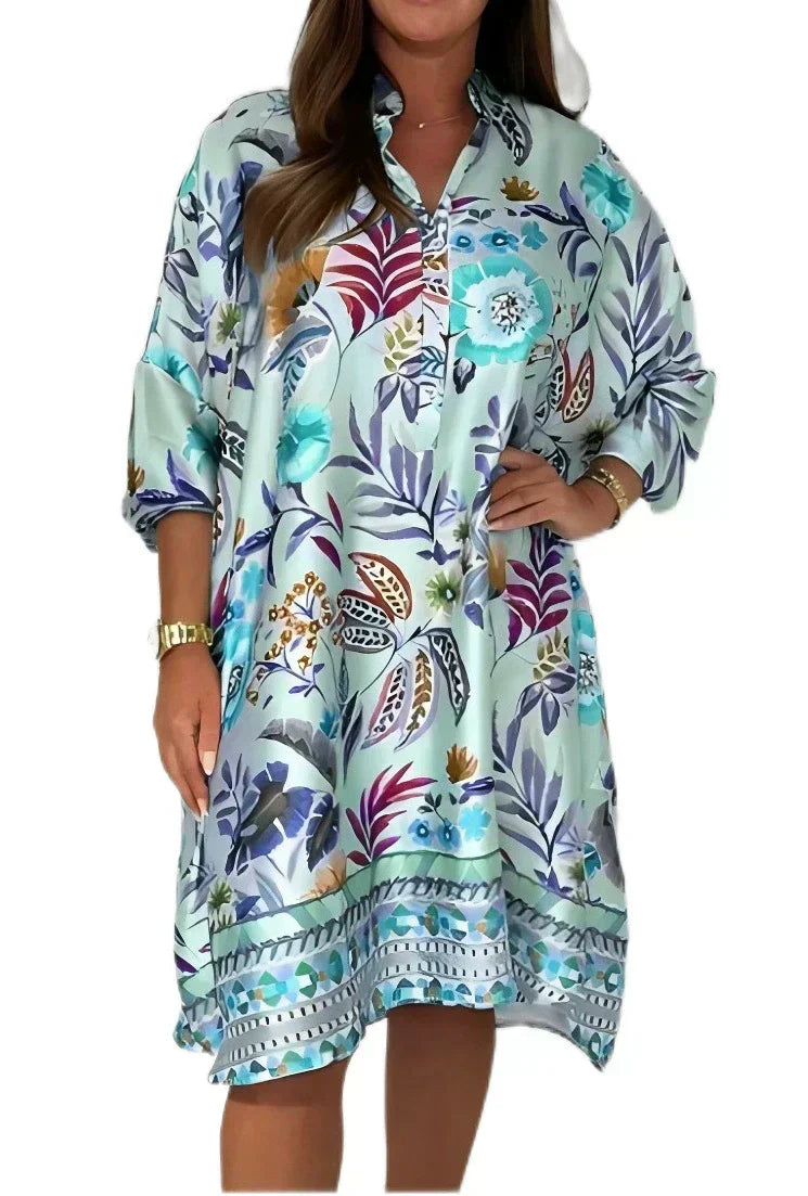 🌺Laisva gėlėta suknelė su V formos iškirpte ir sagomis užsegama-LT