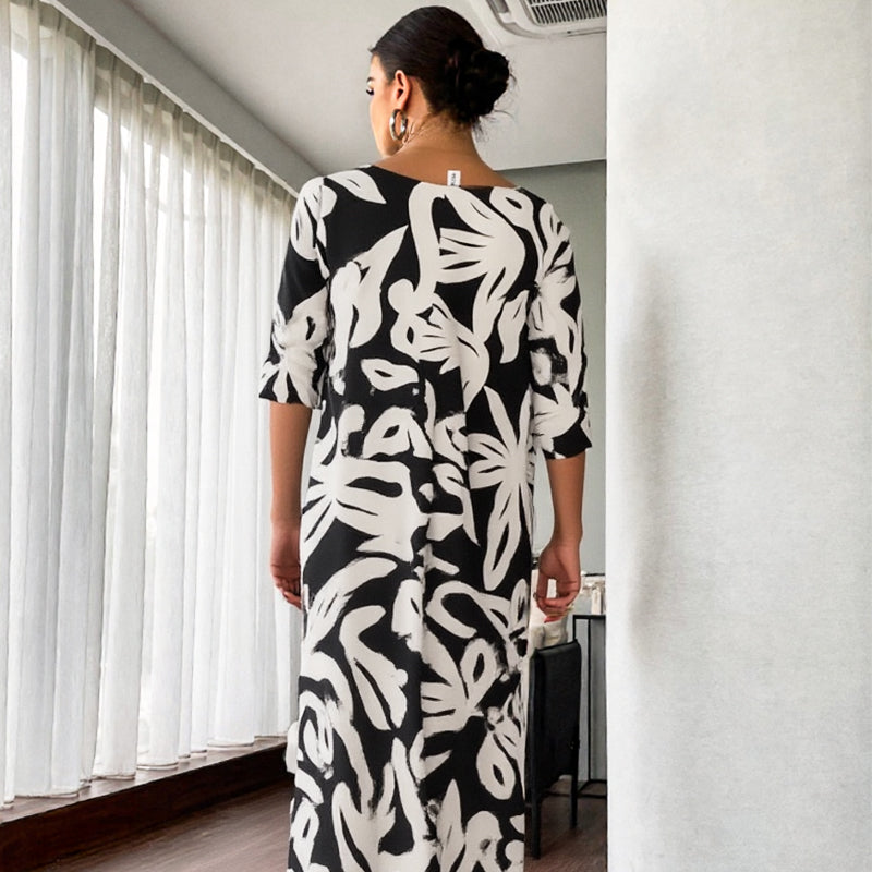 🌼Elegantiška, laisva, apvaliu kaklu, raštuota moteriška suknelė-LT