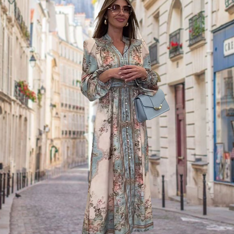 Κομψό φόρεμα με V λαιμόκοψη, ψηλή μέση, φλοράλ τύπωμα και κουμπιά-GR