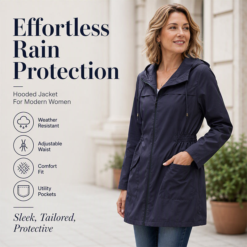 🌧️✨ Ženska vodoodporna vetrovka s kapuco - nastavljiv pas, praktični žepi in elegantna dežna jakna-SI
