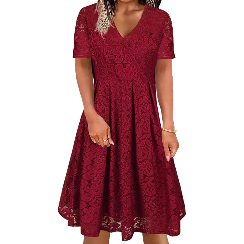 Ženska elegantna čipkasta obleka z V-izrezom-SI