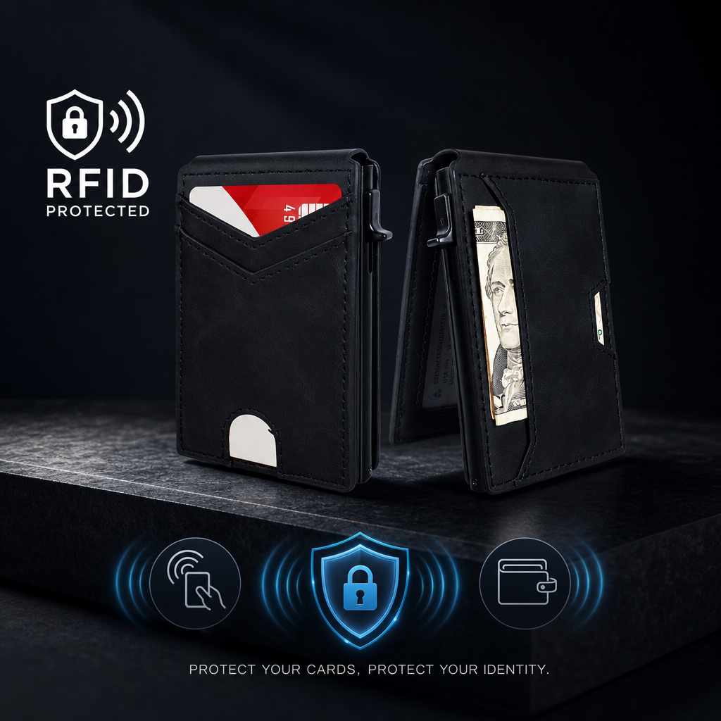 Λεπτό ανδρικό πορτοφόλι με RFID - επεκτεινόμενη θήκη για κάρτες με κλιπ χρημάτων και δύο υποδοχές για έγγραφα-EL