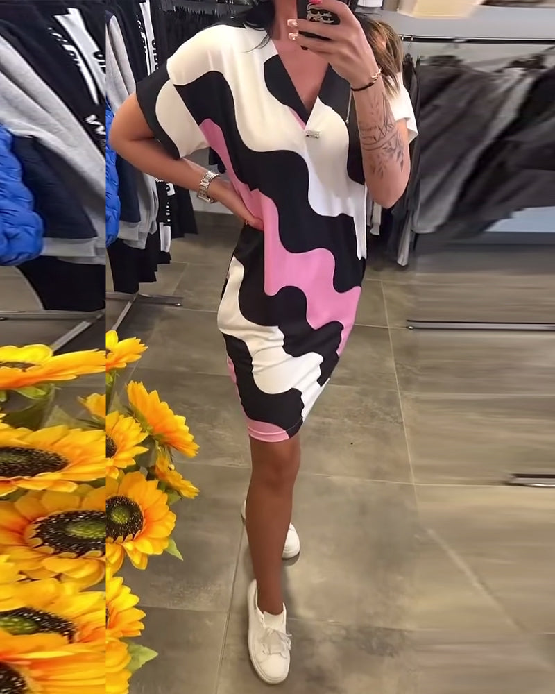 Φόρεμα με V λαιμόκοψη, κυματιστό σχέδιο-GR