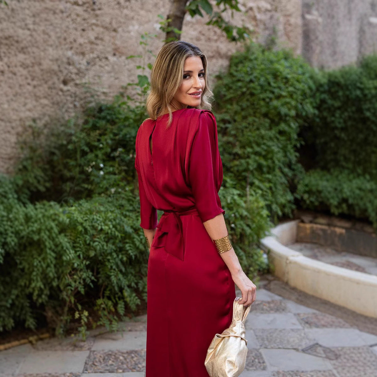 Φόρεμα Midi με Στρογγυλή Λαιμόκοψη και Κοντό Μανίκι, Μονόχρωμο-GR