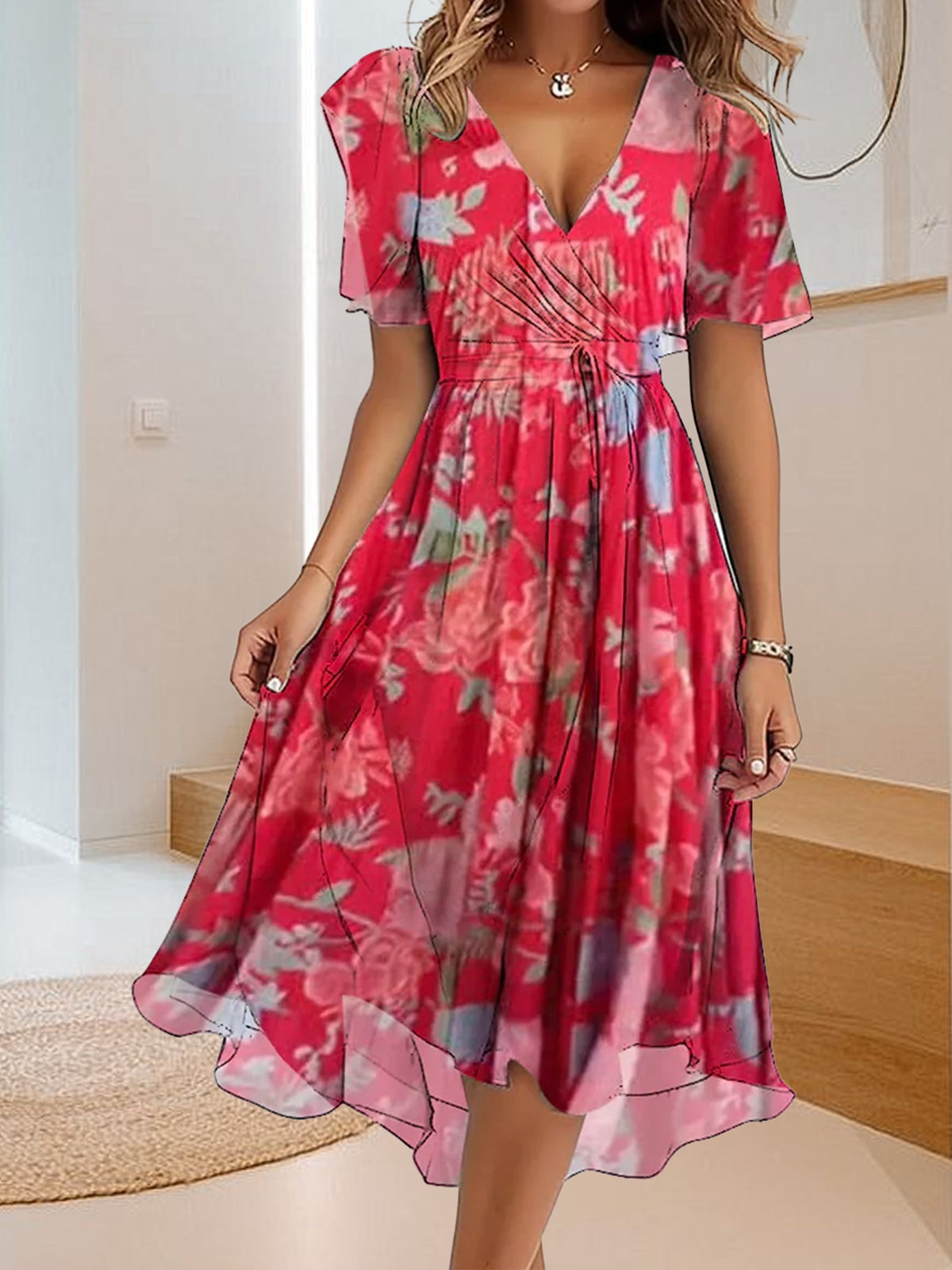 Φόρεμα απλό, casual με V ντεκολτέ και στάμπα-GR