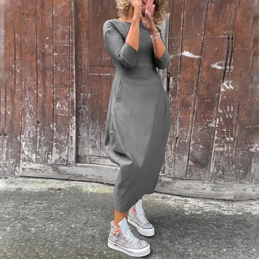 Απλό κομψό φόρεμα για γυναίκες με τσέπες-GR