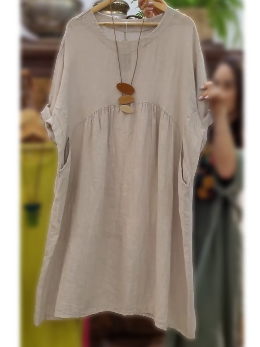 Γυναικείο φόρεμα με τσέπες από βαμβάκι και λινό-GR