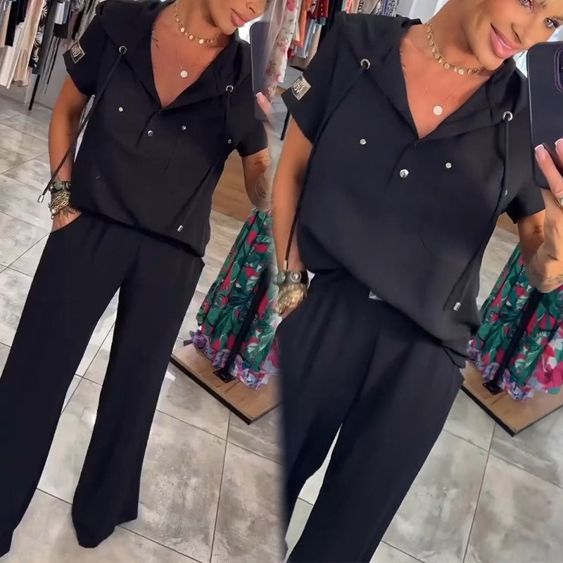 Μπλούζα με κουκούλα και V ντεκολτέ, κοντομάνικο, παντελόνι, σετ δύο τεμαχίων-GR