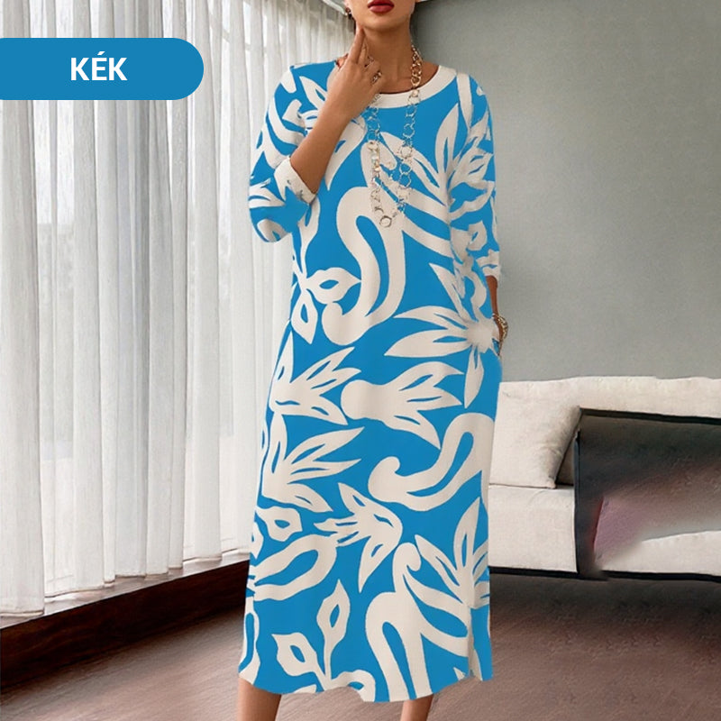 🌼Elegantiška, laisva, apvaliu kaklu, raštuota moteriška suknelė-LT