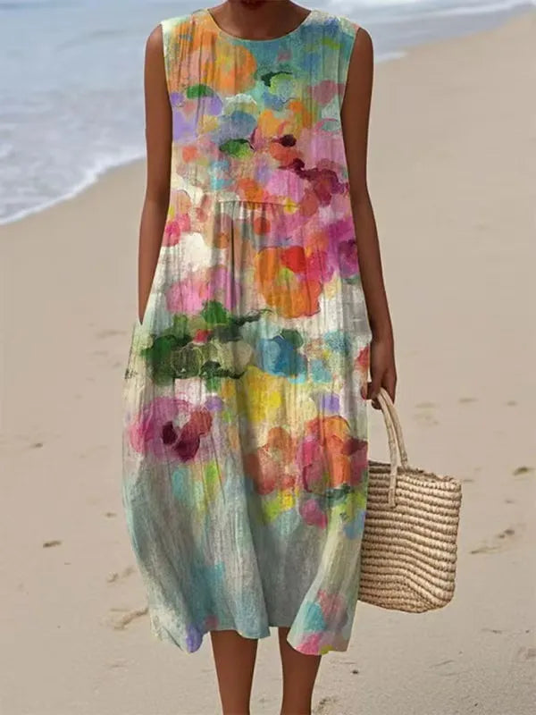 Ženska poletna obleka brez rokavov z okroglim izrezom-SI