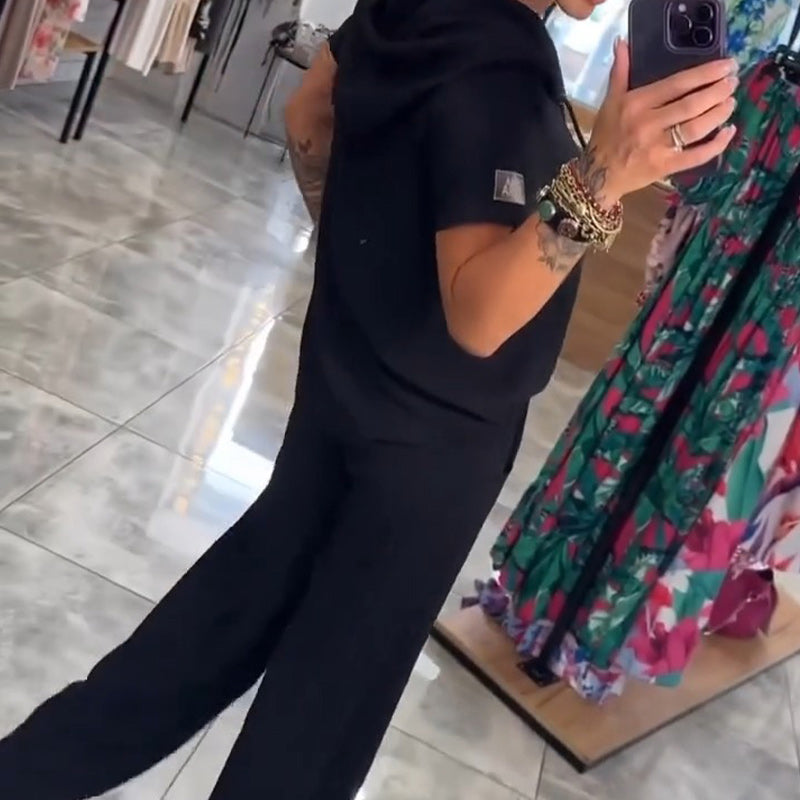 Μπλούζα με κουκούλα και V ντεκολτέ, κοντομάνικο, παντελόνι, σετ δύο τεμαχίων-GR