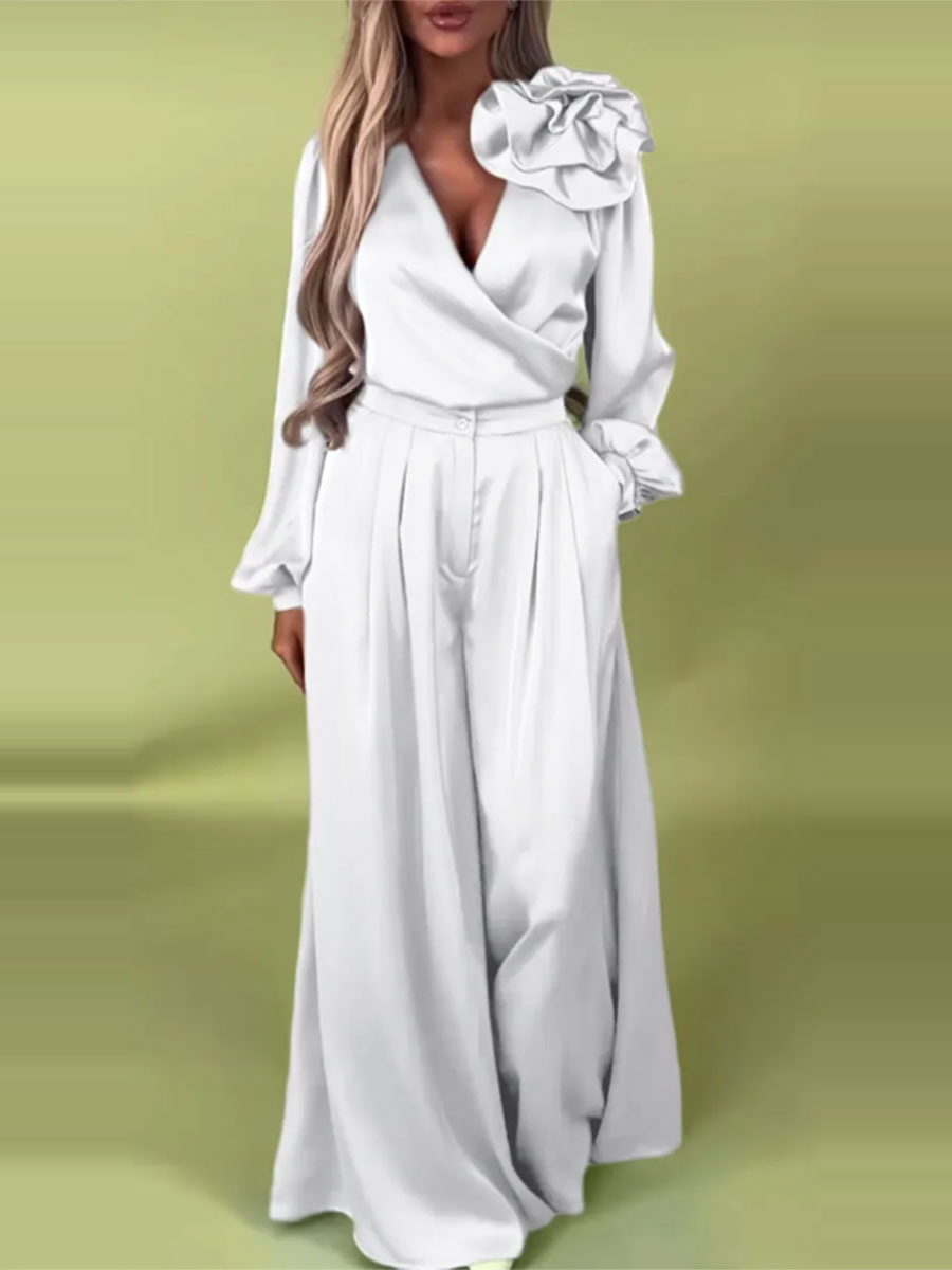 Πολυτελές σετ με σατέν πουκάμισο και φαρδύ παντελόνι-GR