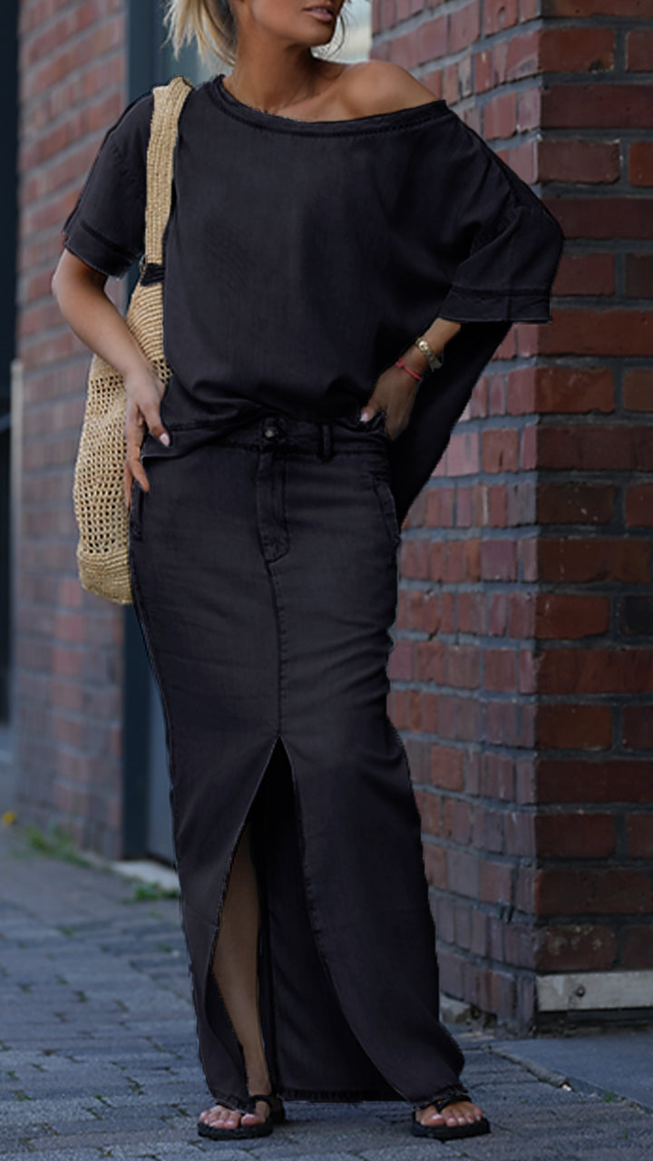 Γυναικείο Casual Κοστούμι με Στρογγυλή Λαιμόκοψη σε Χρώμα Tencel Denim-GR