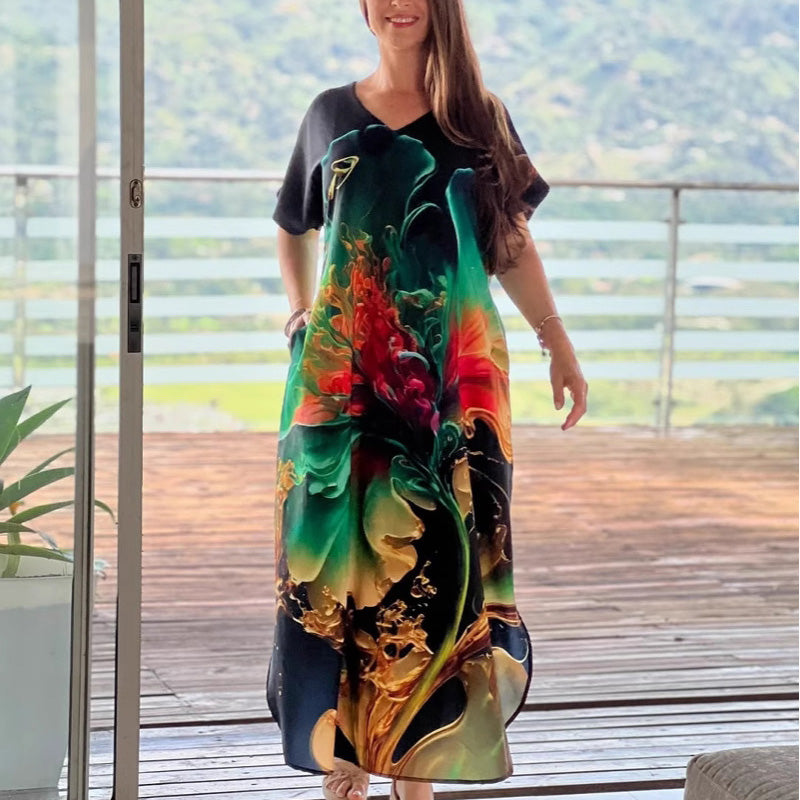 Γυναικείο χαλαρό, casual φόρεμα με V ντεκολτέ, τύπωμα και κοντά μανίκια-GR