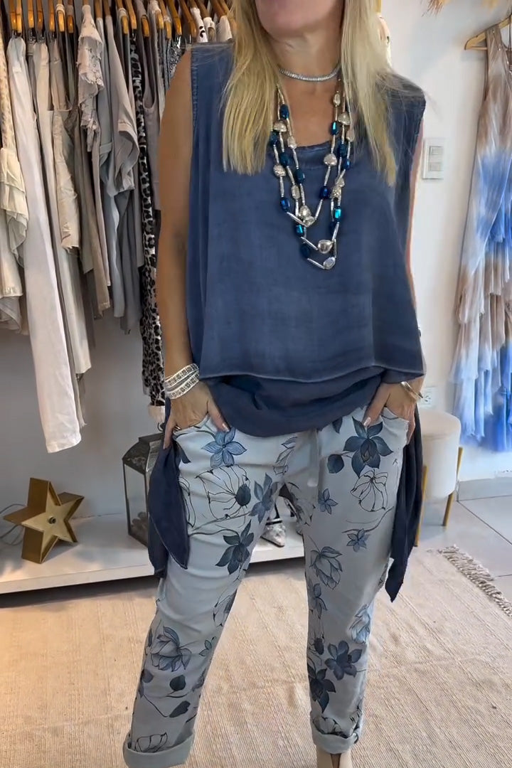 Γυναικείο ακανόνιστο μονόχρωμο μονόχρωμο στρογγυλό αμάνικο παντελόνι με εμπριμέ διπλό κάτω μέρος-GR