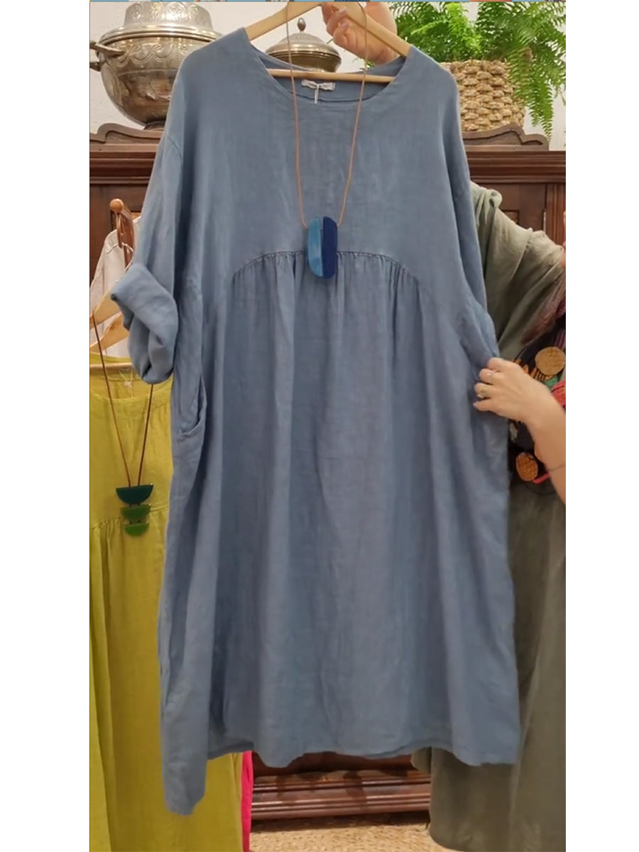 Γυναικείο φόρεμα με τσέπες από βαμβάκι και λινό-GR